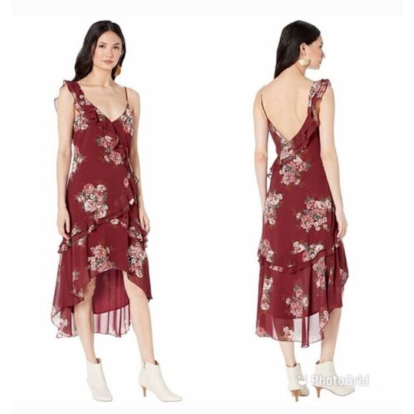 WAYF Maryln Tier Ruffle Dress Floral Burgundy Size Large NWT F11 - Picture 1 of 11
